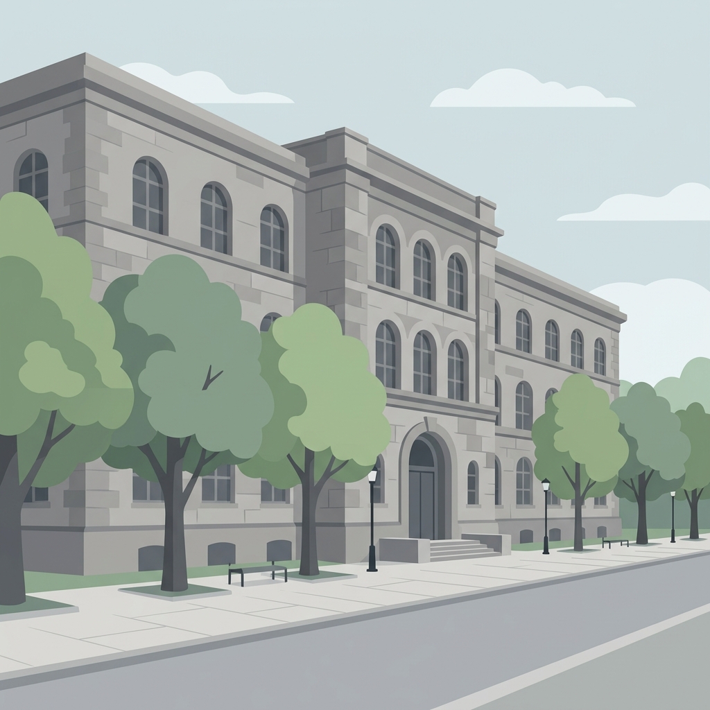 裁判所の建物の外観と、その前の並木道を歩く足元だけが見える情景。顔は描かない