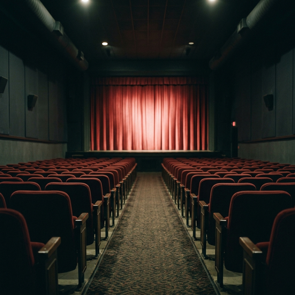 上映前の映画館。空席が並び、閉じた赤いカーテンに淡い光が当たっている