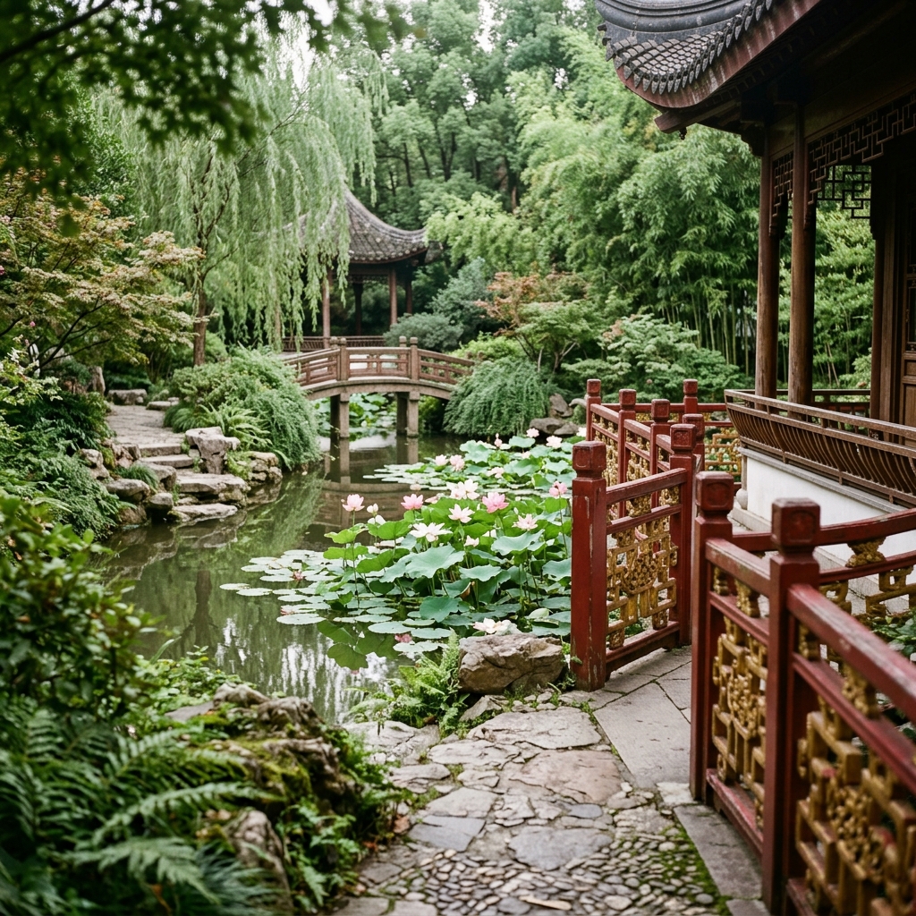 赤と金の欄干が続く中国風の庭園と、蓮の花が浮かぶ静かな池