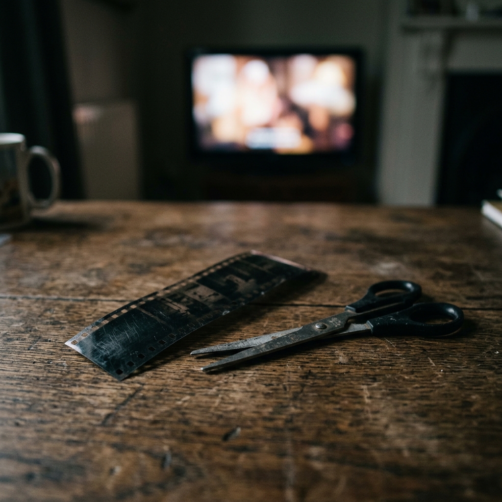 木の机に置かれた古いフィルムの切れ端とはさみ、奥にぼやけたテレビ画面の光がある写真