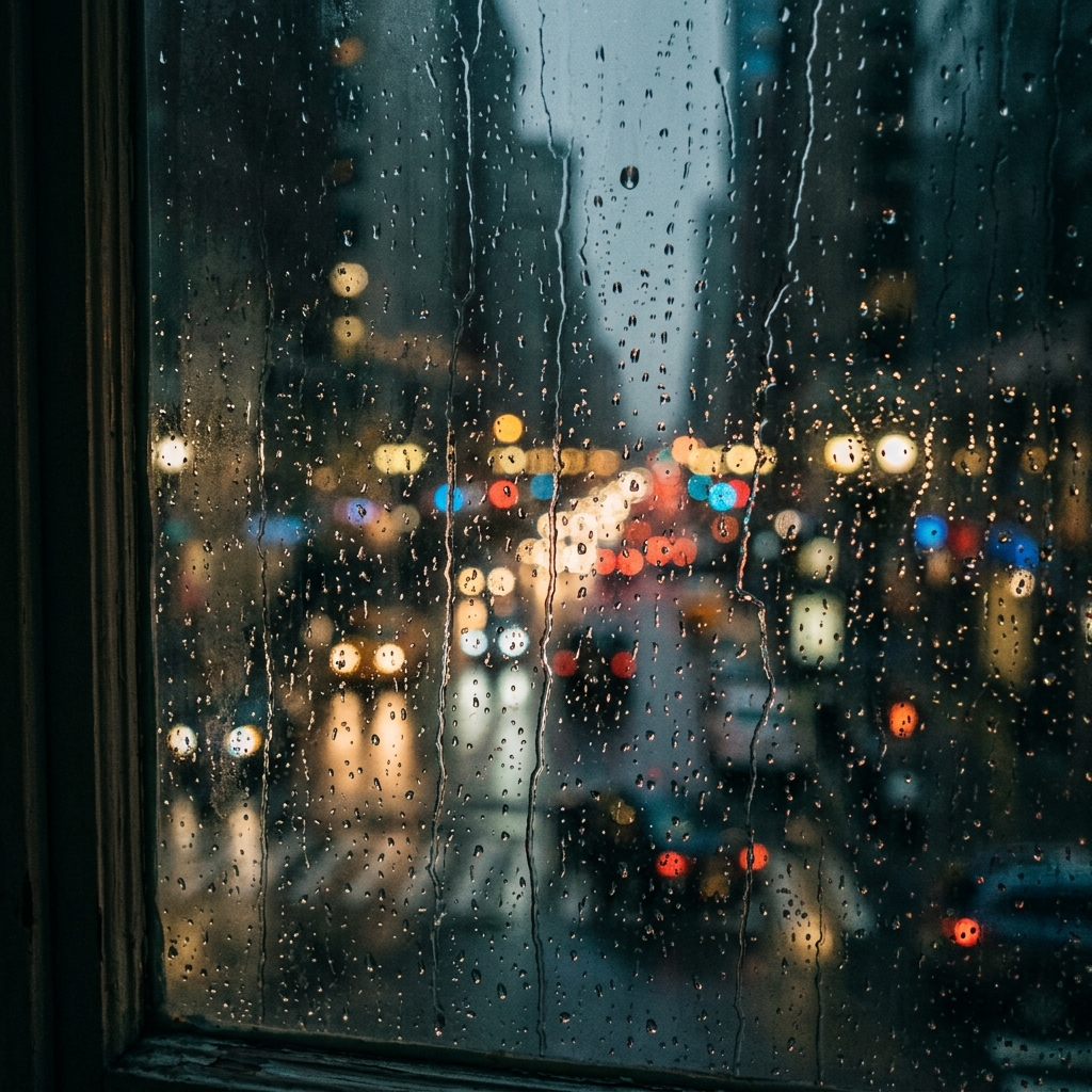 雨粒のついた夜の窓ガラス越しに見えるぼやけた街の灯り