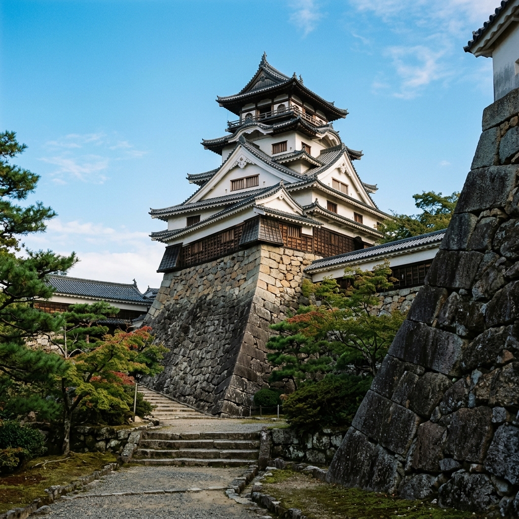 石垣の下から見上げた日本の城の天守と青空
