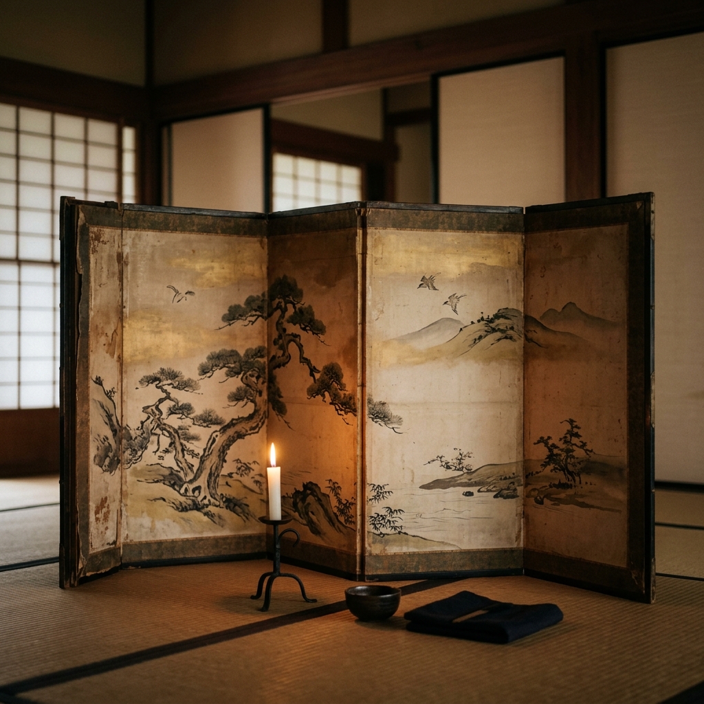 古い屏風と灯りのともった燭台が置かれた薄暗い座敷