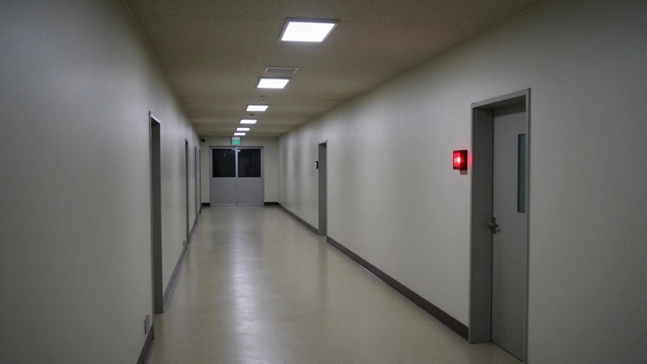 夜のテレビ局の廊下とオンエアランプ