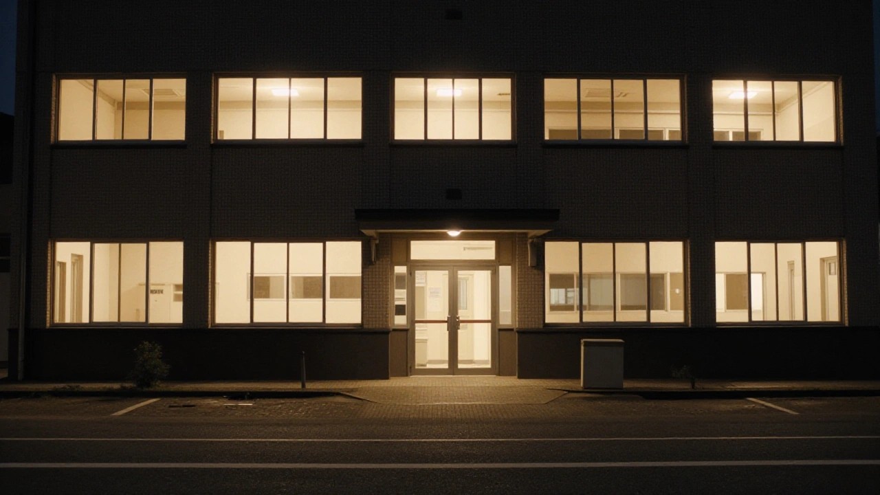 夜のテレビ局の建物外観