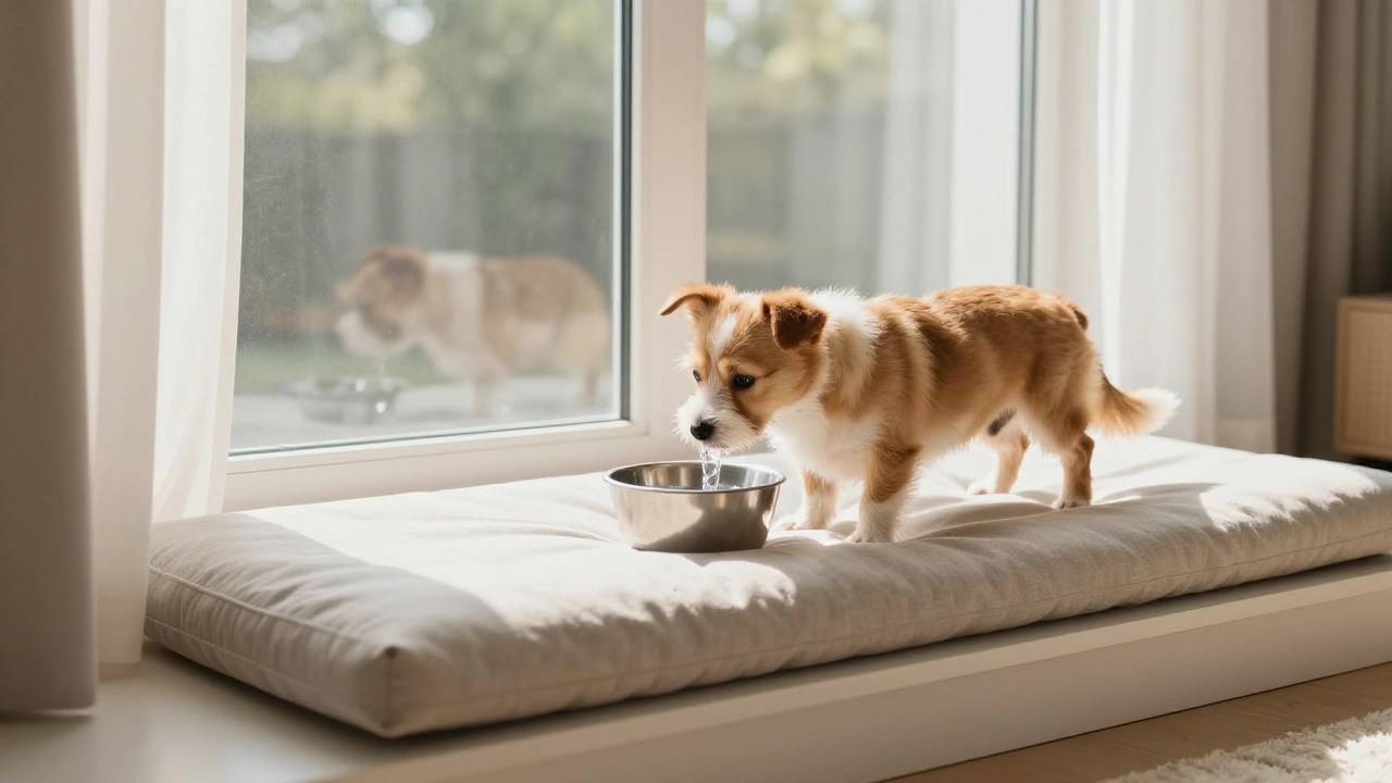 窓辺に置かれた犬用クッションと水入れ
