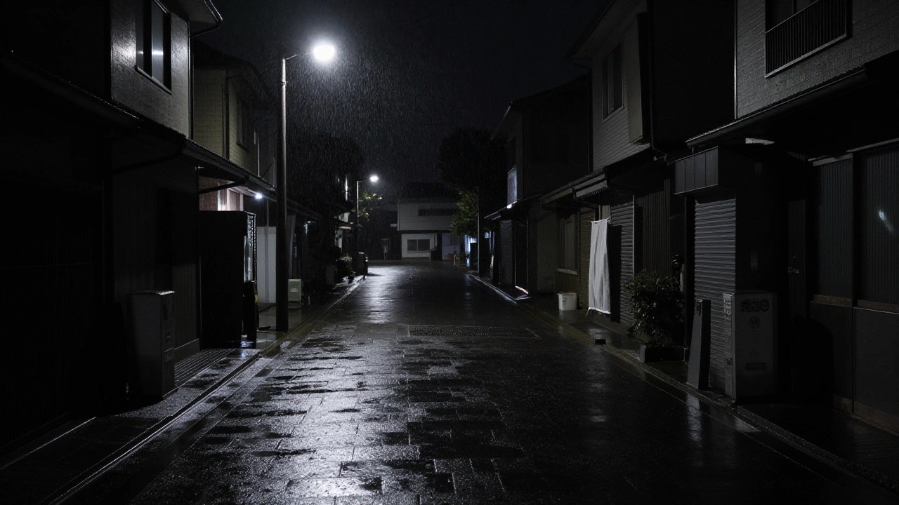 夜の商店街にひっそり灯る喫茶店の看板明かり