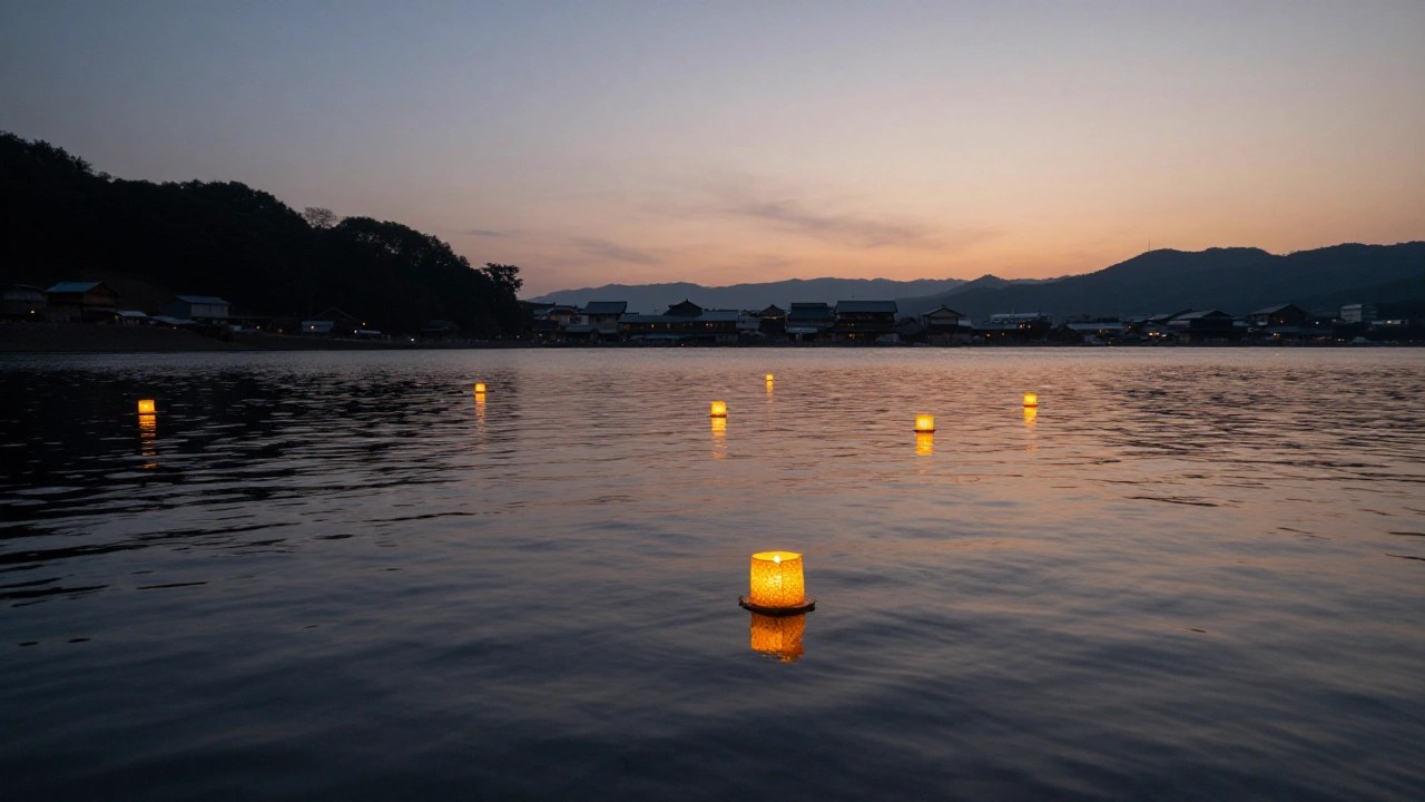 夕方の川辺に浮かぶ灯籠（イメージ）
