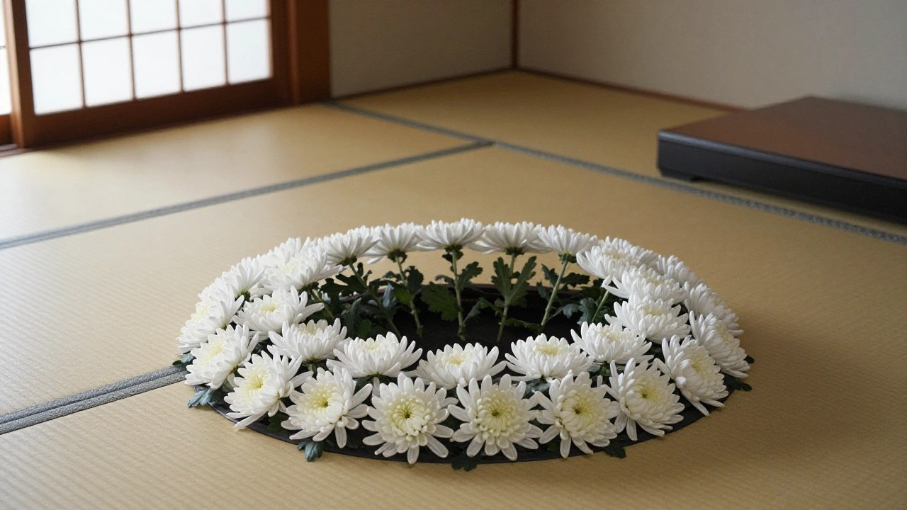 大河ドラマのような和室のセットと白菊一輪(イメージ)