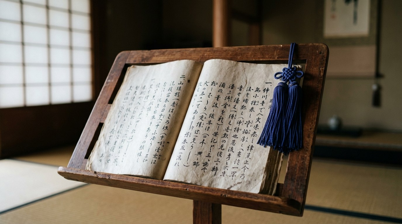 譜面台に開かれた楽譜と青い房飾り(イメージ)