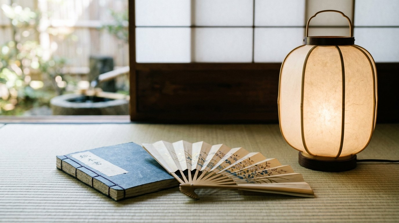 畳に置かれた扇子と台本、行灯(イメージ)