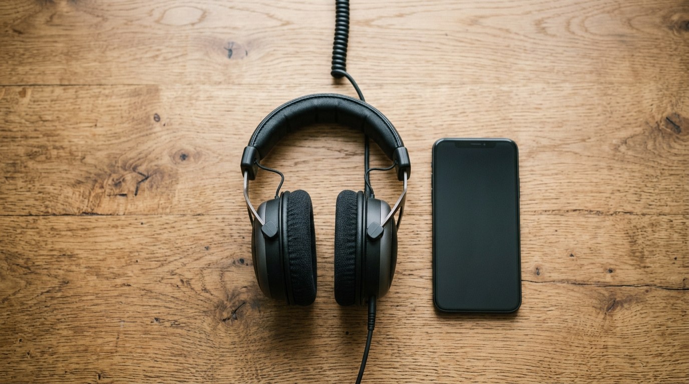 机に置かれたヘッドフォンとスマートフォン(イメージ)