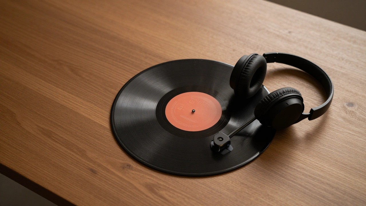 アナログレコードとヘッドホンのフラットレイ