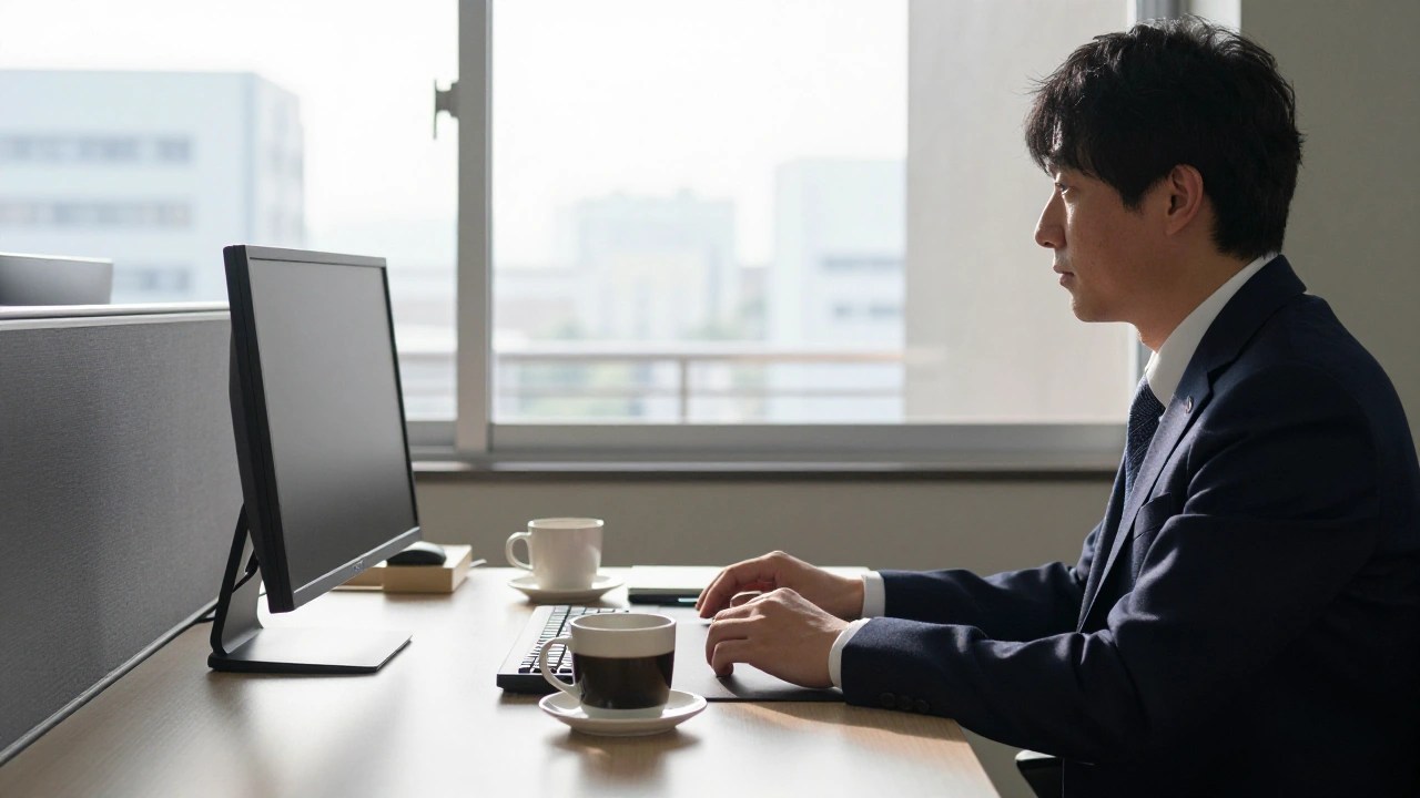 現代の職員室、コーヒーカップとノート