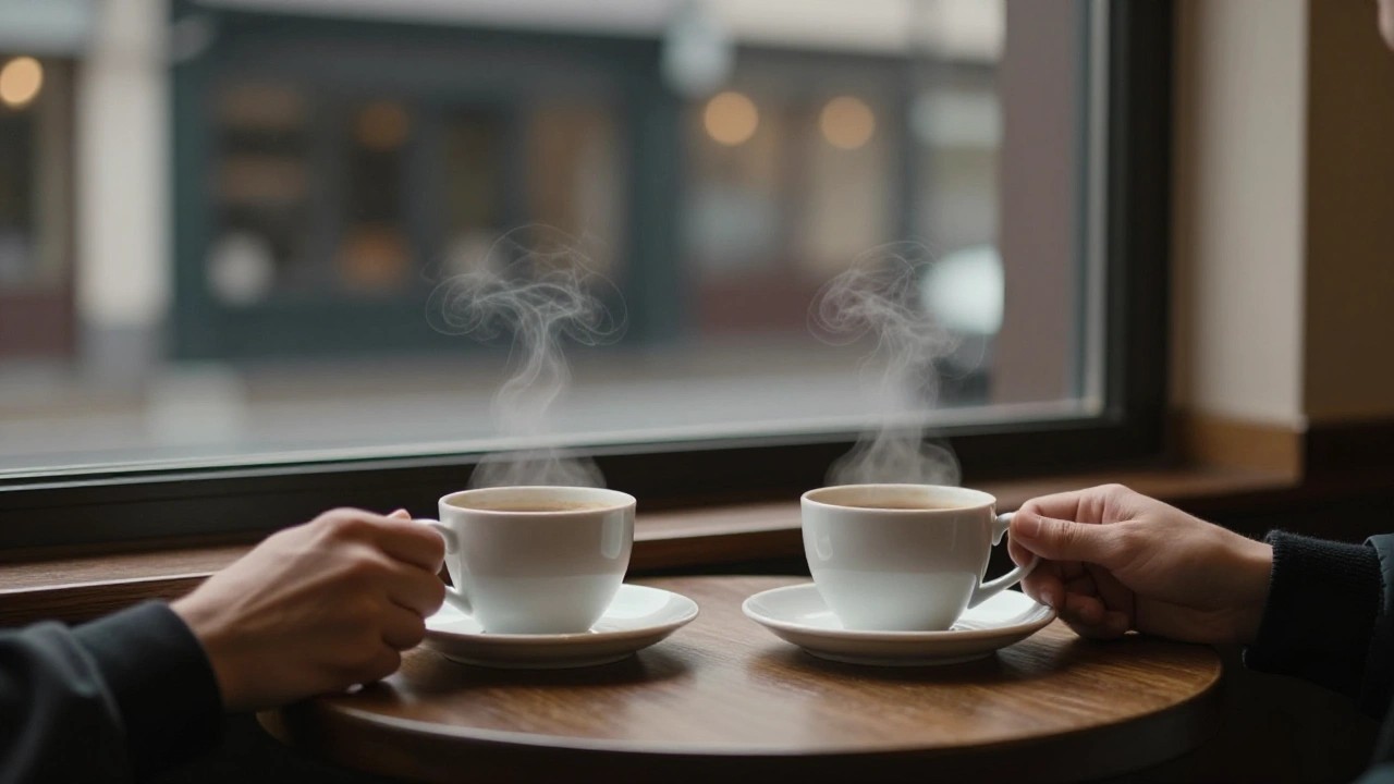 夜のカフェのコーヒーカップのイメージ