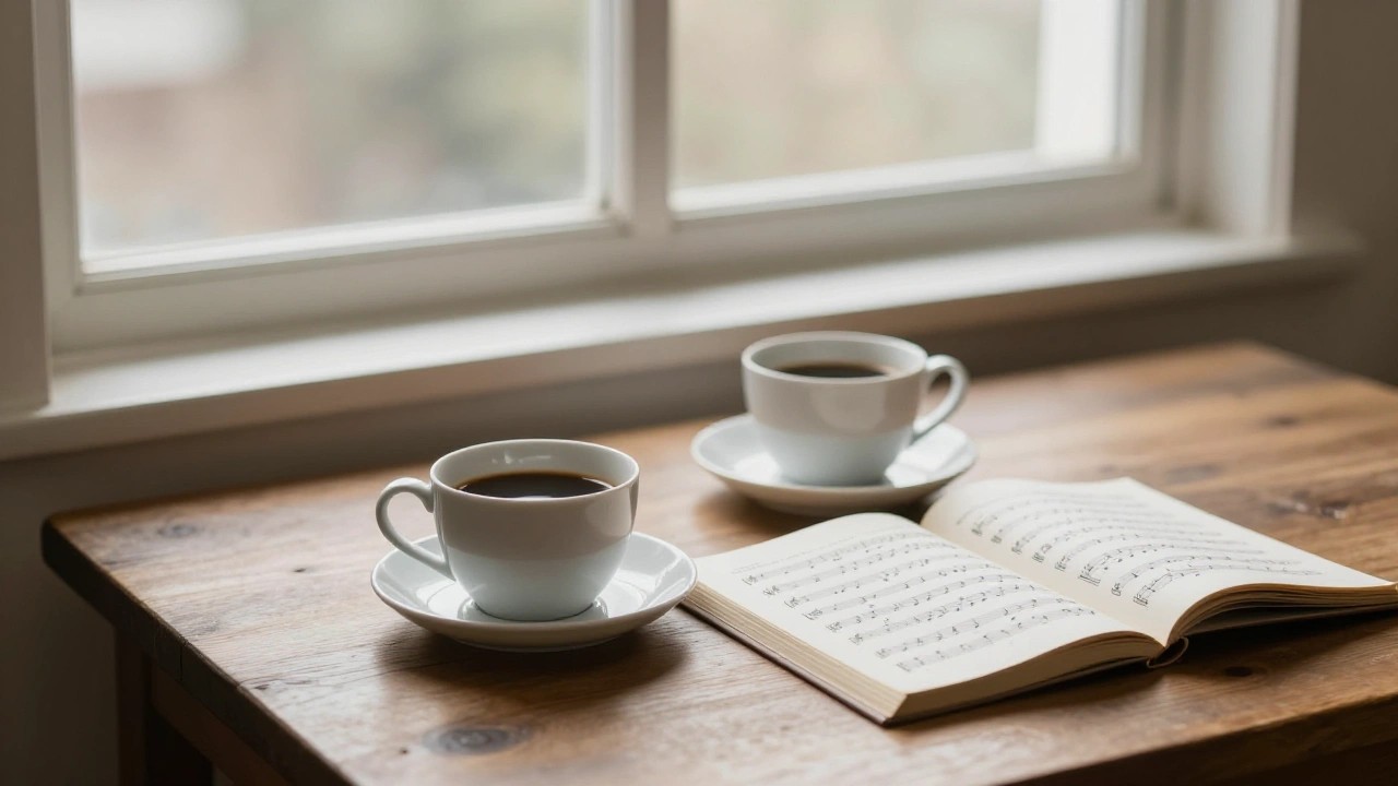 2つのコーヒーカップと楽譜のイメージ
