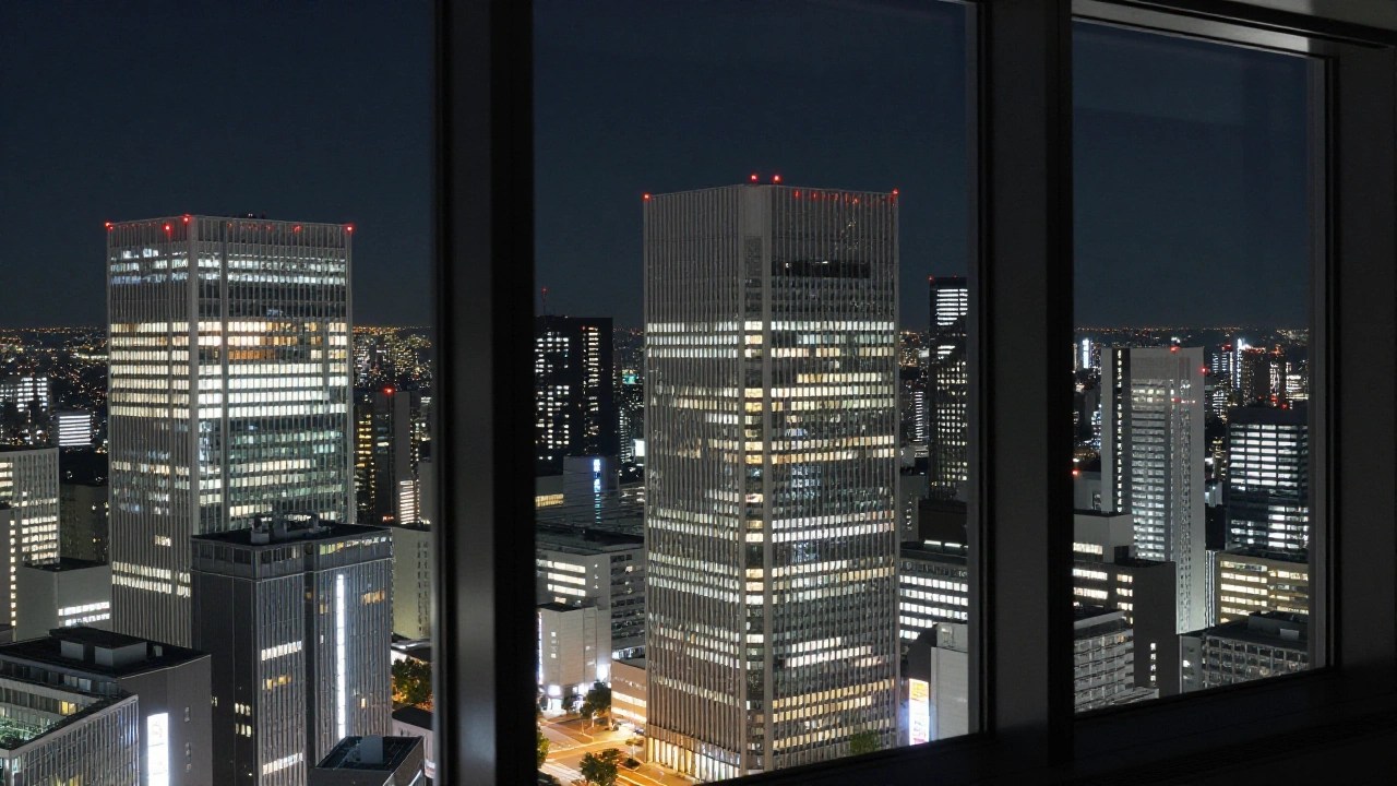 都会の夜景を背景にした高層ビルの展望フロア