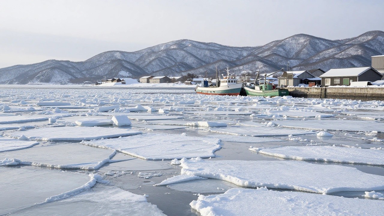 流氷に覆われた知床の漁港のイメージ