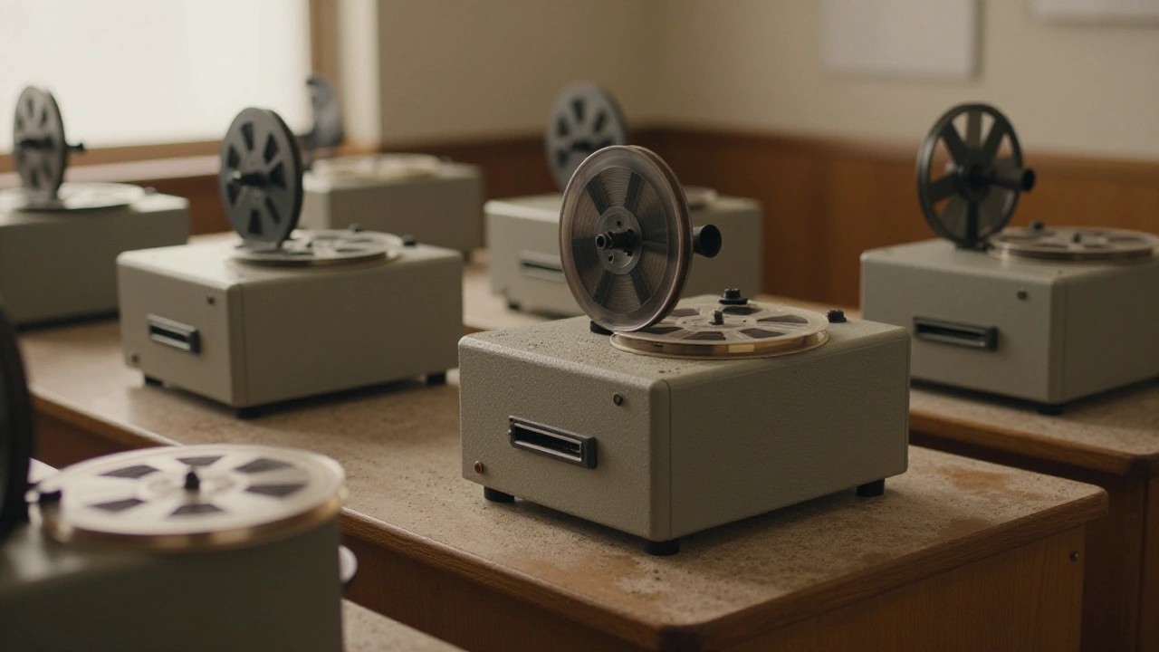 映写室に並ぶ古いフィルム映写機