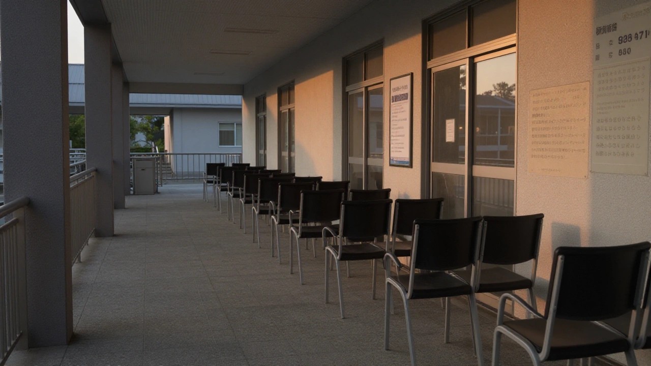 夕方のテレビ局の廊下と椅子