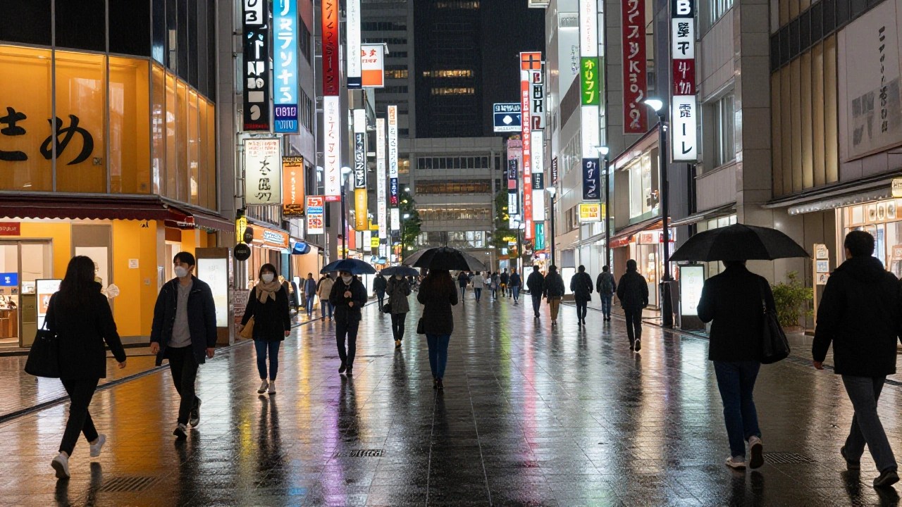 大阪の夜の繁華街、雨上がりのネオン