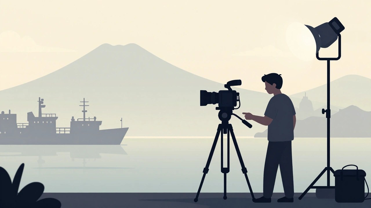 バンクーバーの街並みと撮影クルーをイメージしたイラスト