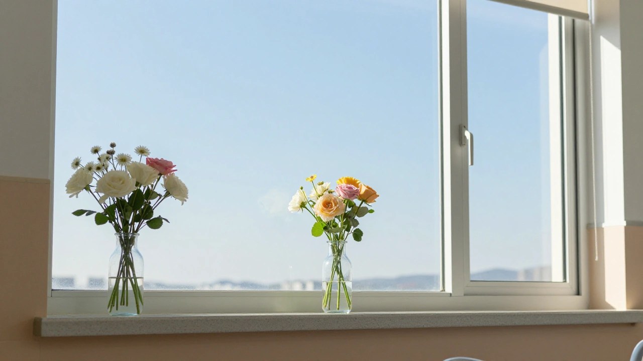 病室の窓辺の花と青空のイメージ