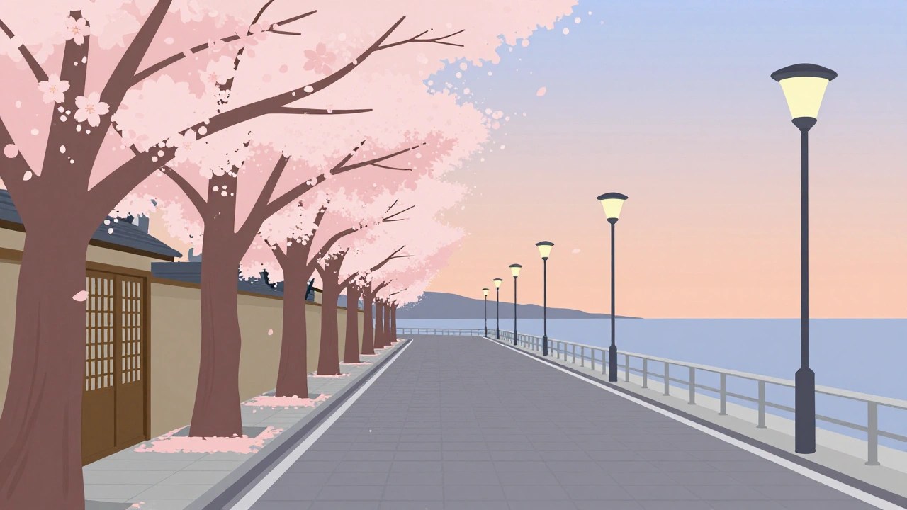 桜の花びらが舞う石畳の通りと街灯