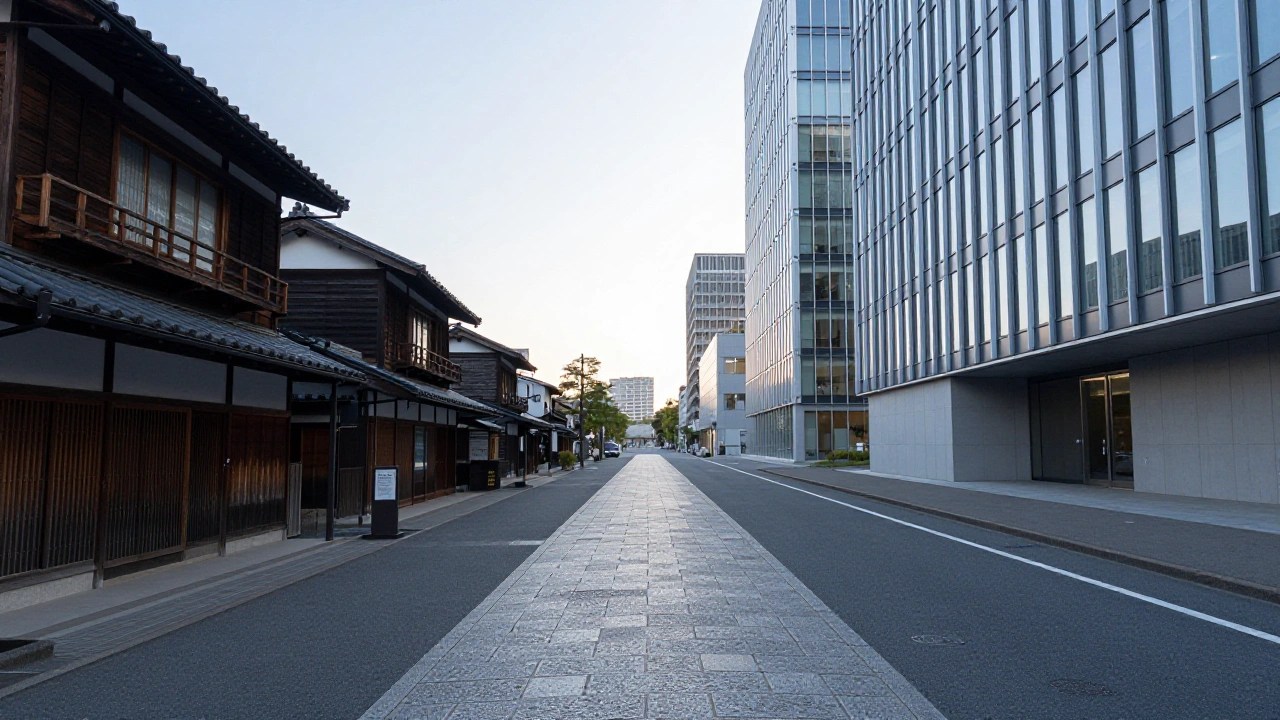 早朝の無人の通り、片側は江戸の町並み片側は現代のビル