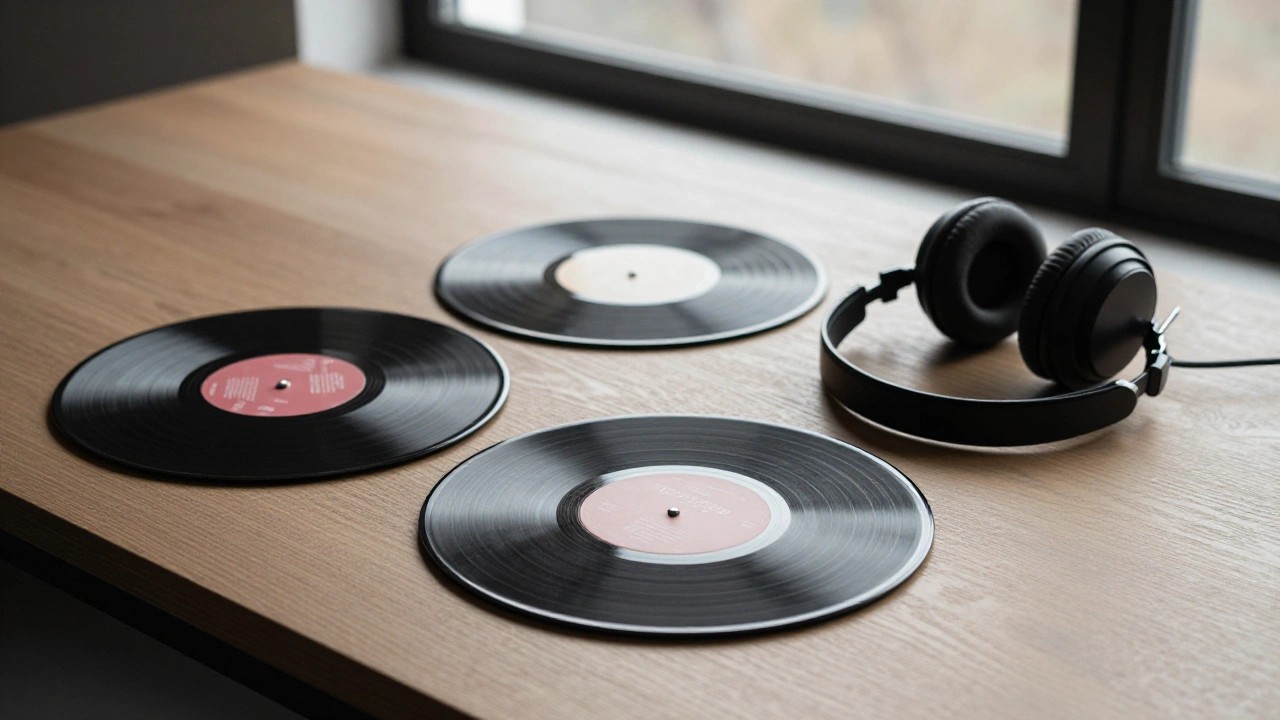 無地のレコード盤とヘッドフォンのイメージ