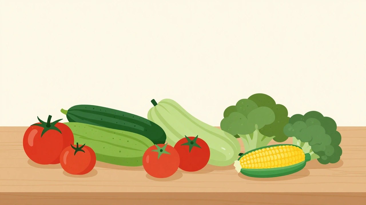 収穫した夏野菜とテーブルの手料理をイメージしたイラスト