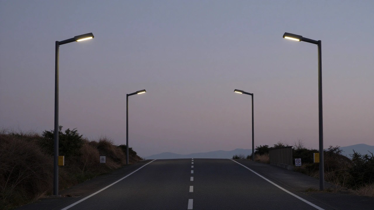 夜明けの坂道と4つの街灯