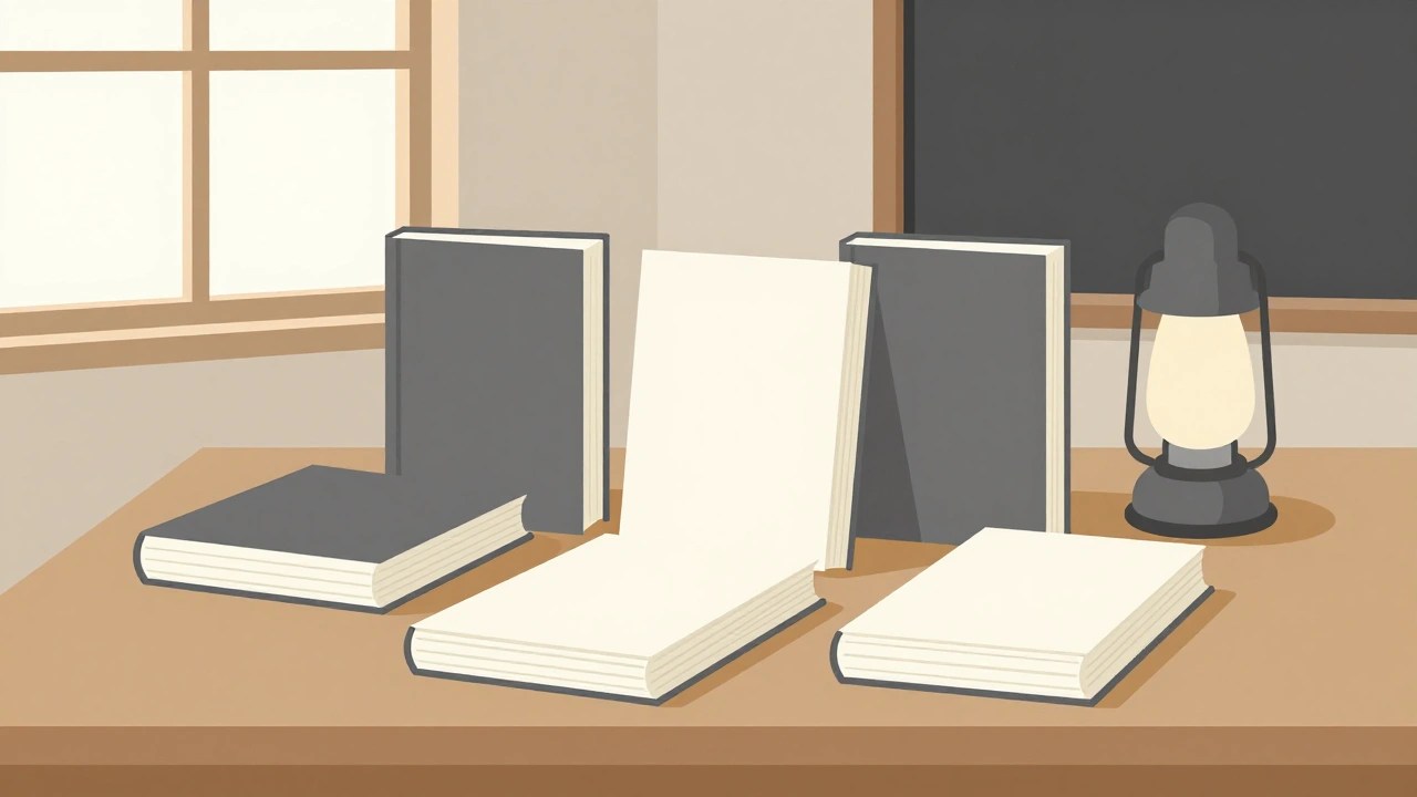 木のテーブルに積まれた本と読書ランプ