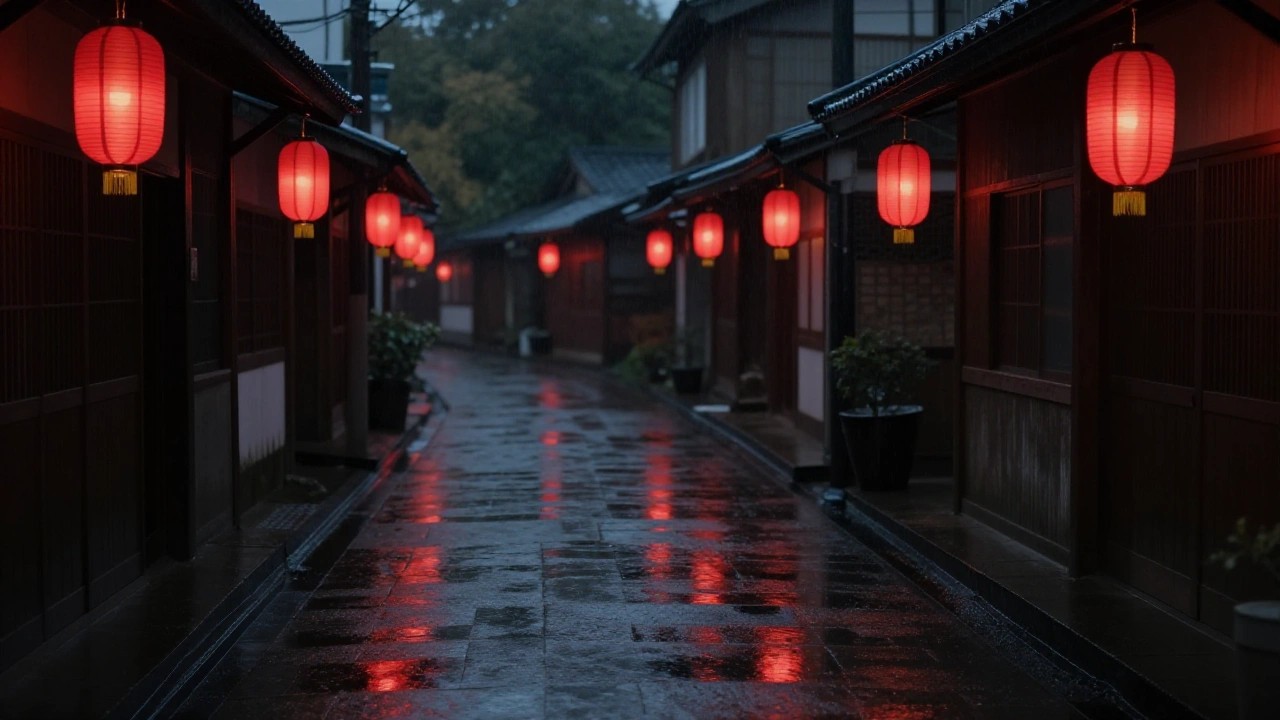 雨上がりの夜の路地のイメージ