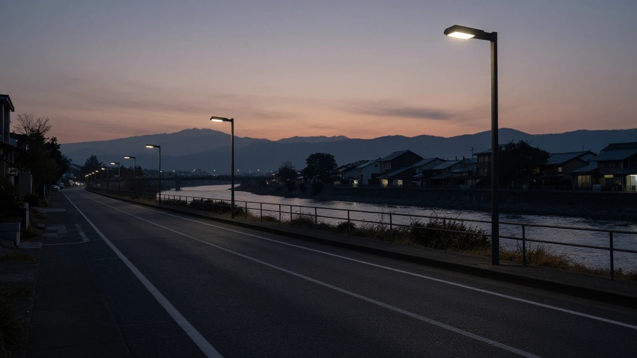 夜明けの川沿いの道のイメージ