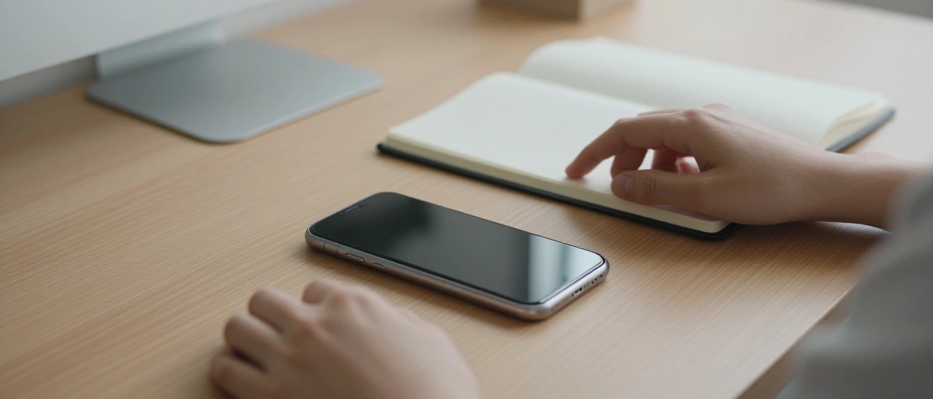 木製デスクのスマートフォンとノートの静物