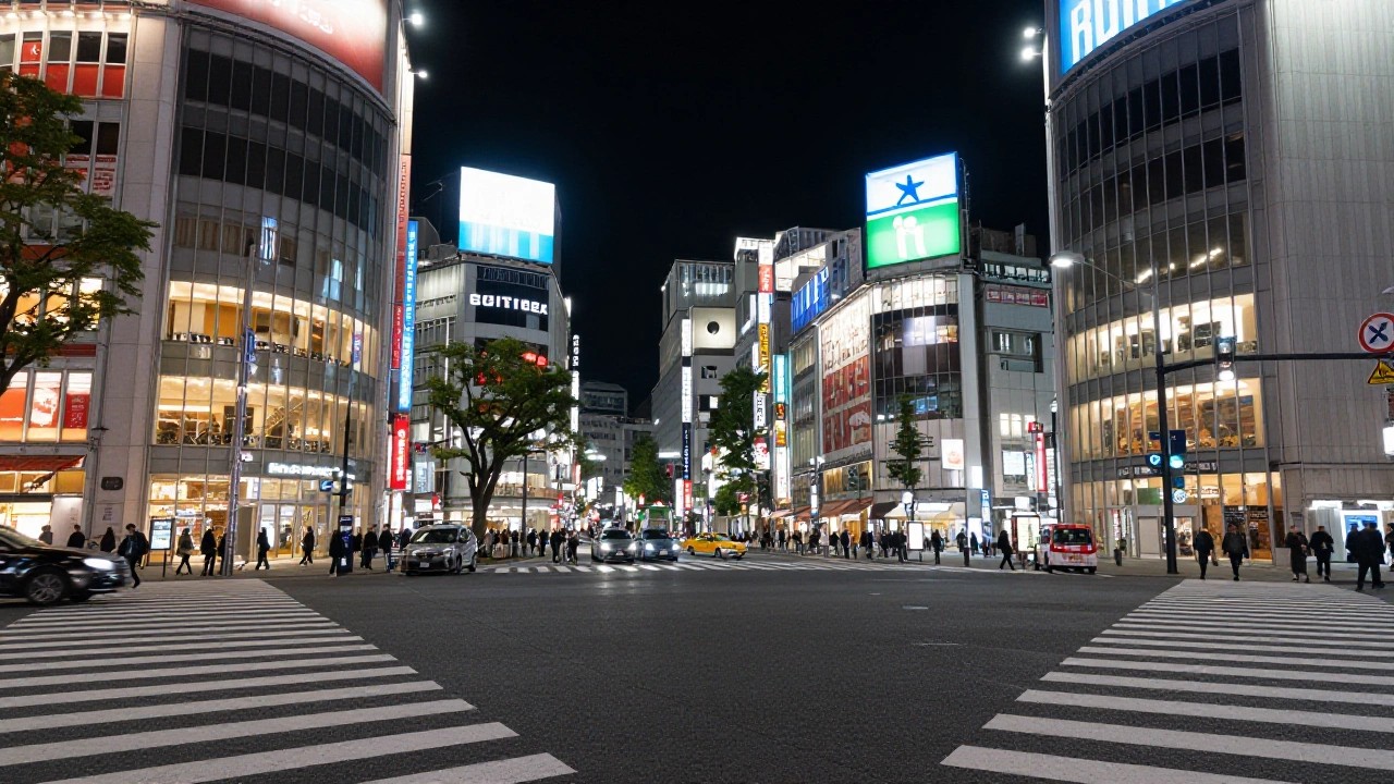 夜の東京、大型ビジョンが並ぶ繁華街のイメージ