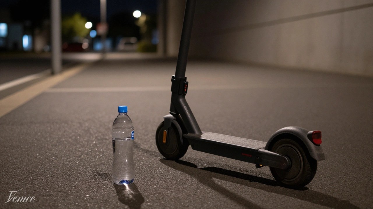 夜の歩道の電動キックボードと水のイメージ