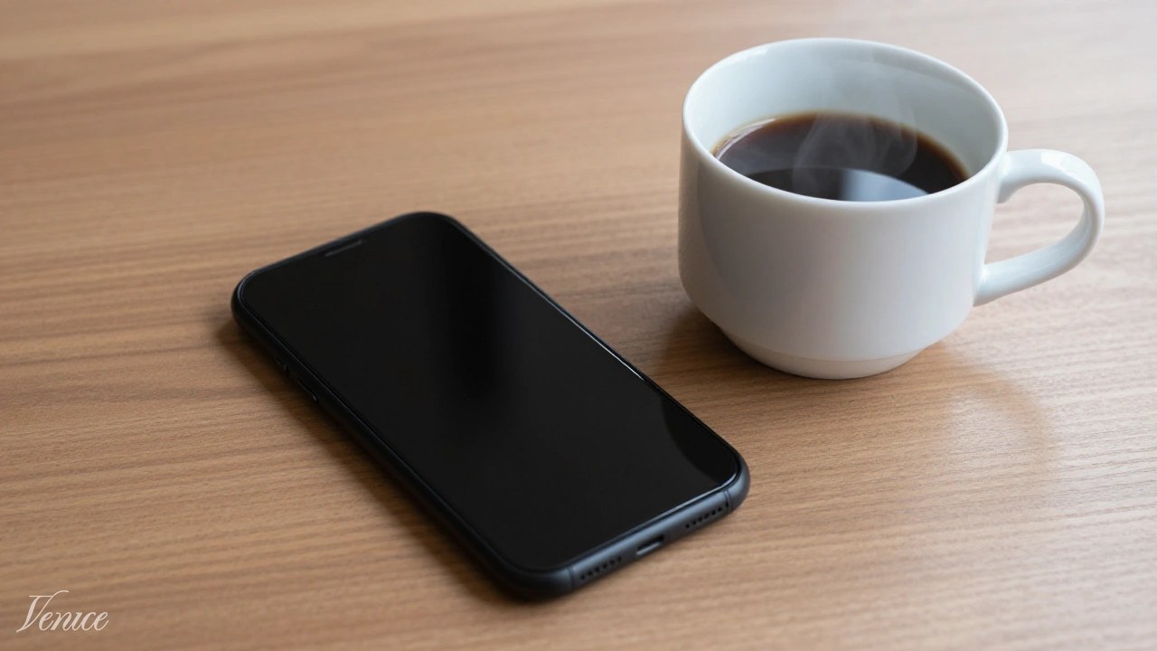 机の上のスマートフォンとコーヒーのイメージ