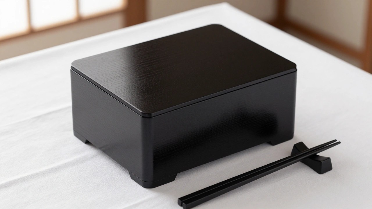 黒い漆塗りの重箱と箸のイメージ