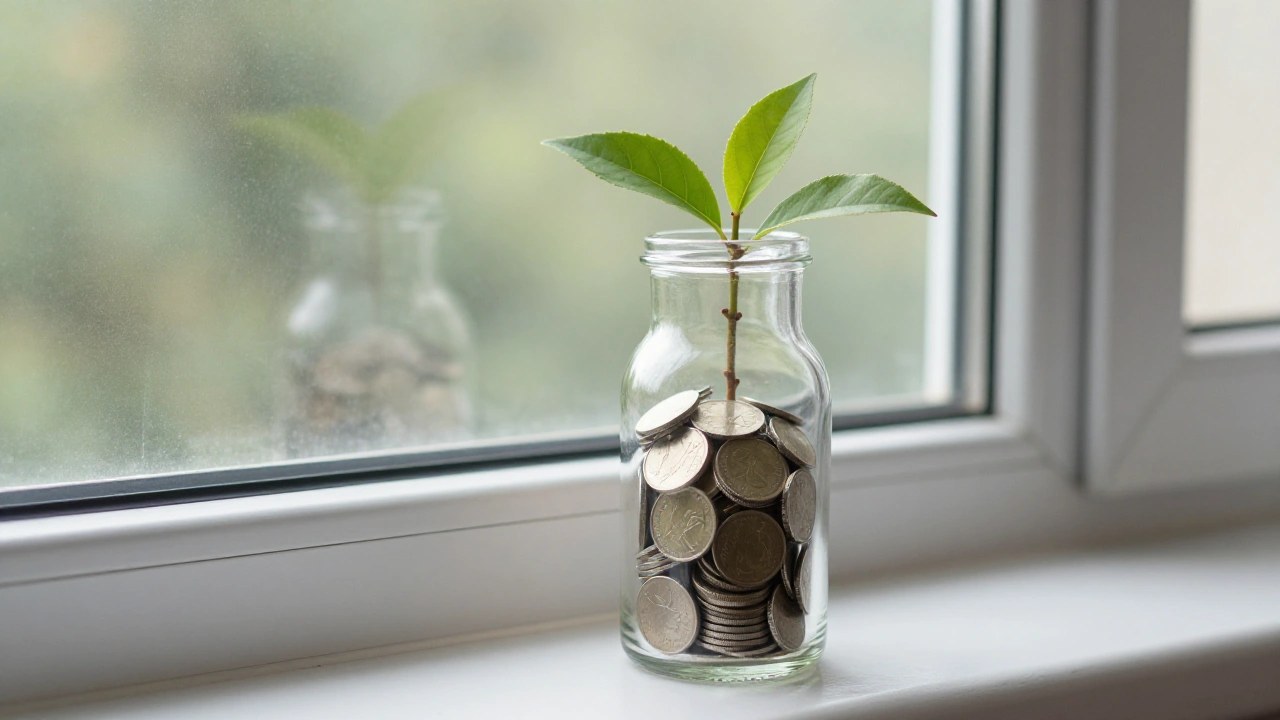 瓶の中の硬貨と若葉のイメージ